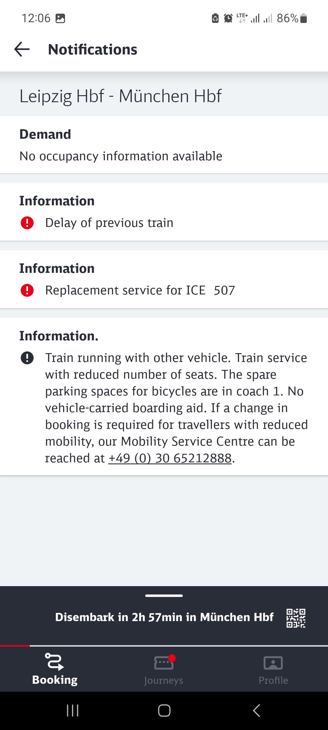 DB App showing the delay for my journey from Leipzig to München